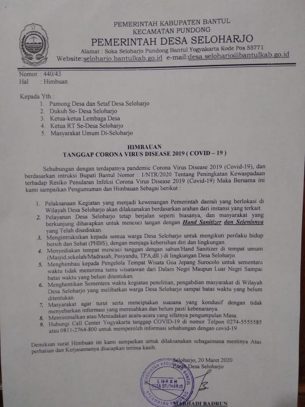 Himbauan Dari Lurah Desa Seloharjo